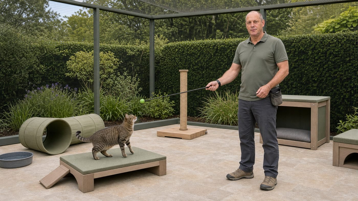 Calm reward-based cat training session in a safe enclosed space